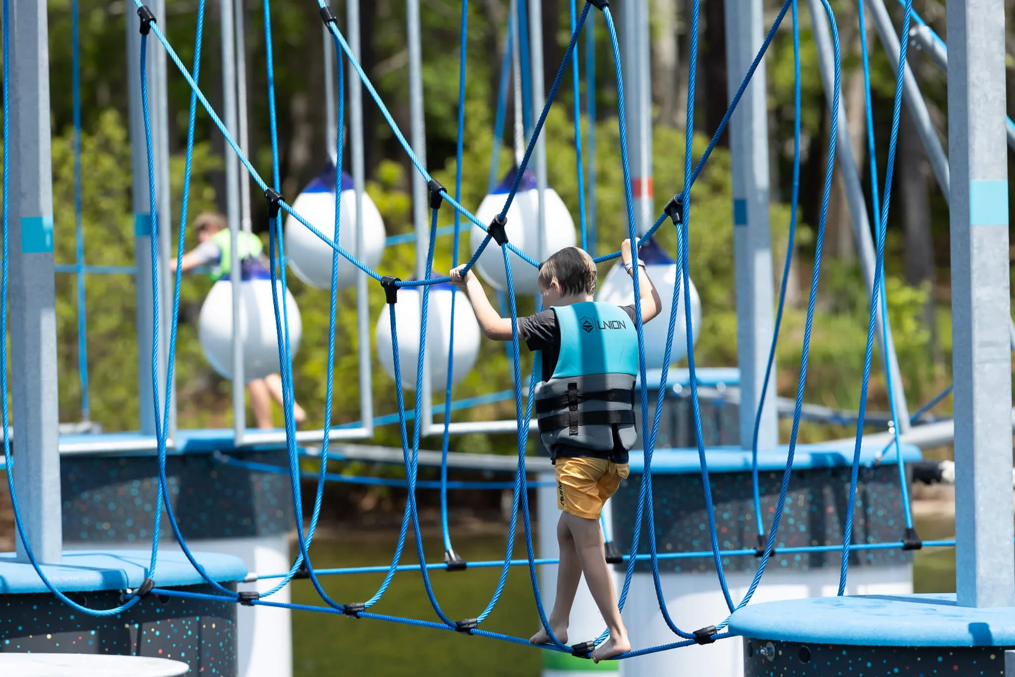 Overview of America's first floating ropes course at Charleston Aqua Park